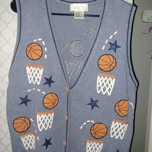 Casual Day Women's V-Neck Sweater Vest - Blue and Orange Basketball Design